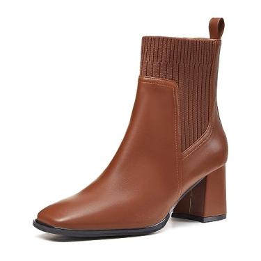 Imagem de Coutgo Bota feminina de cano baixo, salto grosso, bico quadrado, emenda, meia, Marrom escuro, 35