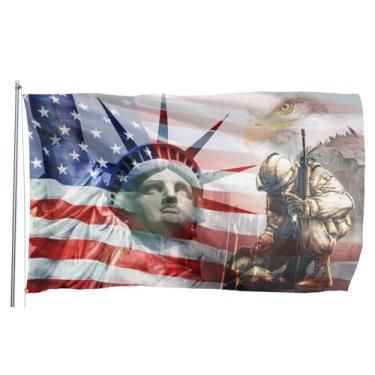 Imagem de Bandeira Americana Memorial Day Banner Vintage Águia careca Bandeira dos EUA 9,5 x 1,5 m Estátua da Liberdade Banner e bandeiras de honra Memorial Independence - Cor vívida com ilhós de latão para