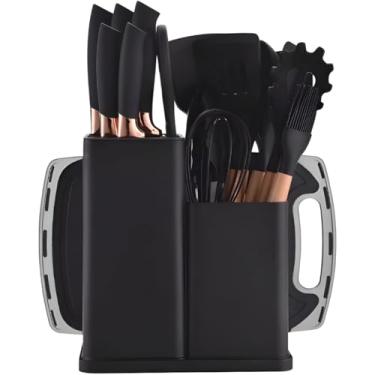 Imagem de Utensilios para Cozinha Silicone Kit com 19 Peças Cabo Madeira Conjunto Completo Espátula Concha Colher Jogo Suporte Faca Faqueiro Antiaderente Tabua Tesoura (PRETO)