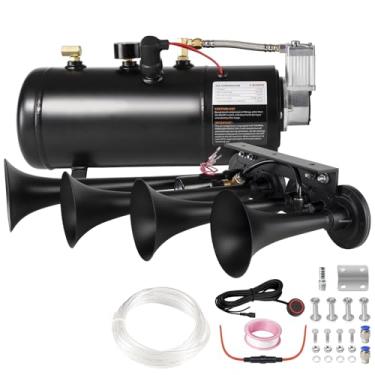 Imagem de Kit de buzina de trem super alto, buzina de quatro trompete de 180 dB com tanque de ar de 150 PSI, buzina de ar de 12 V com lata de compressor de ar de 0,8 galão para caminhão, jipe, picape e SUV (kit