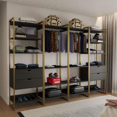 Imagem de Quatro Modulos Para Closet Industrial Ferro Dourado MDF Preto - Impéri