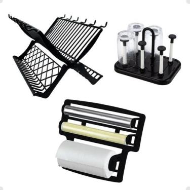 Imagem de Kit Porta Rolo Escorredor Copos Pratos Louças Cozinha Preto