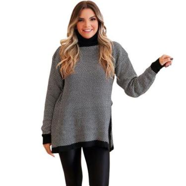 Imagem de Poncho Feminino de Tricô Mousse Com Estampa Xadrez e Gola Alta - Ebene