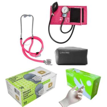 Imagem de Kit medidor de pressão esteto máscara e luvas caixa - P.A MED