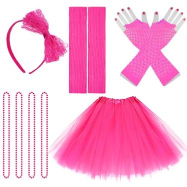Imagem de jiebor Acessórios de fantasia dos anos 80 para mulheres, saia tutu, faixa de cabeça, polainas arrastão e luvas, colar, festa de Halloween, Rosa choque, One Size