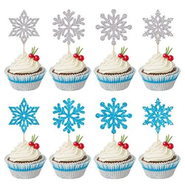 Imagem de 24Pcs Glitter Snowflake Cupcake Toppers Silver Blue Winter Snowflake Frozen Cake Picks Decorations for Winter Frozen Snowflake Theme Baby Shower Kids Boys Birthday Party Supplies