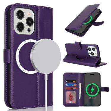 Imagem de SunYoo Capa carteira para iPhone 13 Pro Max com porta-cartões, compatível com Magsafe, capa 12 Pro Max Magsafe com carteira para homens e mulheres, capa flip com suporte magnético de couro - roxo
