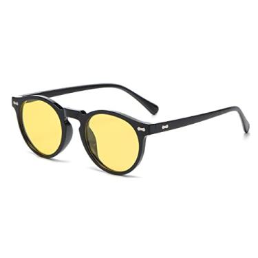 Imagem de Gleyemor Óculos de sol vintage polarizados para homens, óculos de sol redondos, proteção UV400, armação de acetato retrô feita à mão, Armação preta 054/lente amarela transparente, lenswidth