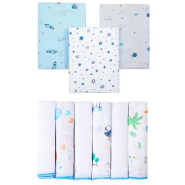 Imagem de Kit 9 Pçs Enxoval Bebe 3 Cueiro 80x60cm + 6 Babete 30x30 Cm - Dugu, Az