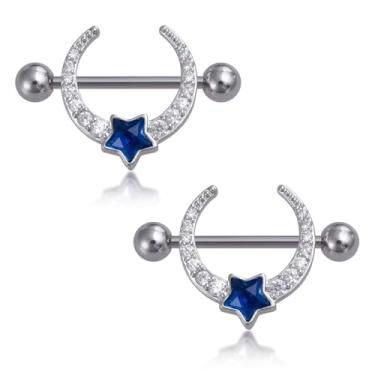 Imagem de Niaspi Anéis de mamilo femininos com strass, estrela e lua, hipoalergênicos, de aço inoxidável, para mamilos, barra, protetor de mamilo, piercing corporal, joia, Aço inoxidável, Zircônia cúbica