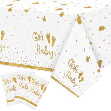 Imagem de BkeeCten Pacote com 3 toalhas de mesa douradas e brancas para decoração de festa de batismo, de plástico, à prova d'água, retangular, para decoração de festa de primeira comunhão