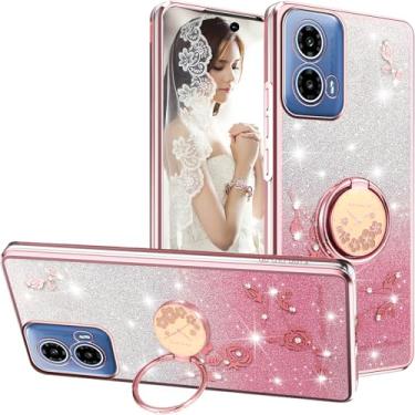 Imagem de Ephoou Capa fina para Motorola Moto G45/Moto G35/Moto G34 6,5 polegadas, brilhante, brilhante, flores de diamante, design floral, capa de silicone macio com suporte de anel para Moto G45 HSF-Rosa