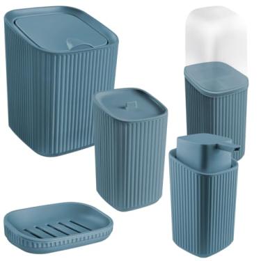 Imagem de Kit Banheiro Lixeira Porta Escova Porta Algodão e Saboneteira Dispenser 400ml (Azul)