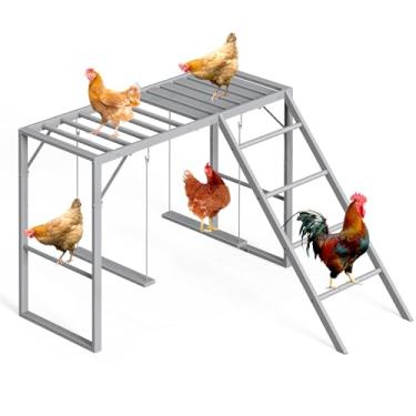 Imagem de Baloiço de poleiro de frango, barras de galinha com escada para galinheiro, conjunto de balanço de metal para animais de estimação saudáveis e felizes para pintinhos de 8 a 10 anos, cinza