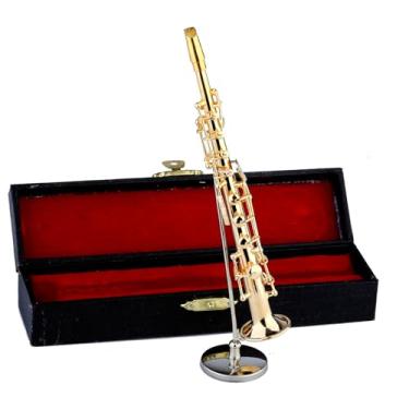 Imagem de Dselvgvu Saxofone soprano em miniatura com suporte e estojo Mini instrumento musical de latão réplica de saxofone soprano estatuetas colecionáveis modelo presentes de Natal decoração de casa ornamento
