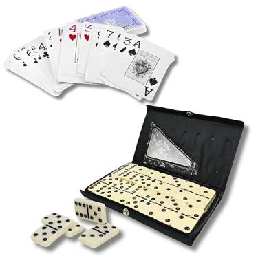 Imagem de Kit 2 Jogos Dominó Tipo Osso 28 Peças 10 MM de Espessura Estojo em Plástico e Jogo de Baralho 108 Cartas Plásticas Resistente com Estojo