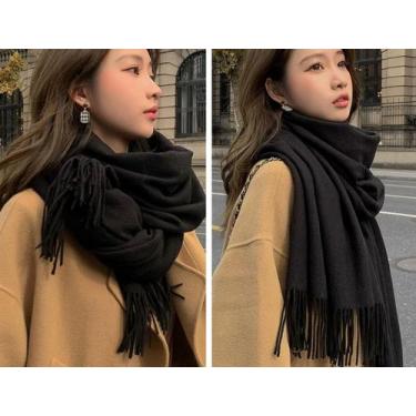 Imagem de Cachecol Longo Feminino Estilo Cashmere Cor Lisa - princesa, Preto