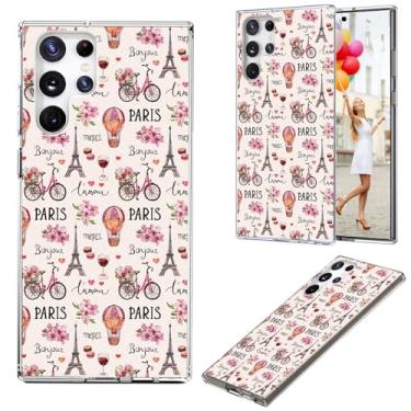 Imagem de AKORAVO Capa para Samsung Galaxy S24 Ultra para meninas e mulheres, capa protetora completa à prova de choque Slim TPU transparente para Galaxy S24 Ultra, flor rosa bicicleta França Paris Torre Eiffel