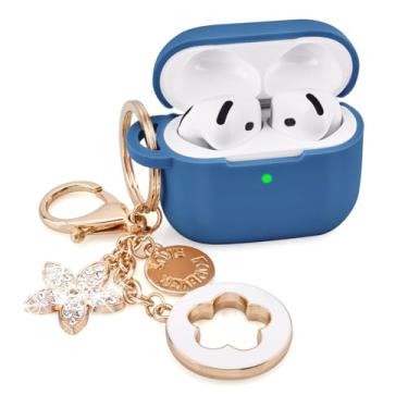Imagem de Capa compatível com Apple Airpods 4 - VISOOM Airpods 4 capas 2024 capa feminina fofa silicone iPods 4 fones de ouvido acessórios sem fio capas de carregamento meninas chaveiro brilhante para Airpod