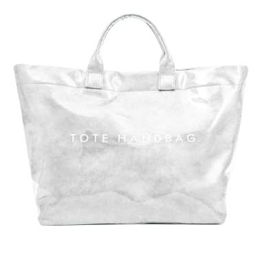 Imagem de ALUSBELL Bolsa grande de PVC para mulheres com impressão de letras, bolsa de ombro de papel kraft, bolsa de ombro transparente Hobo para carregar todas as bolsas, Branco
