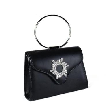 Imagem de Passionxie 1 bolsa de mão de poliuretano prata com decoração de cristal, bolsa de noite com alça redonda de anel de metal, bolso interno - adequada para compras em banquetes e festas (preto), Preto