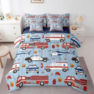 Imagem de Feelyou Conjunto de 7 peças com desenho animado de carro de polícia, caminhão de bombeiros, vermelho, conjunto de edredom com 7 peças, para crianças, meninos, extintor de incêndio, com lençol e cama