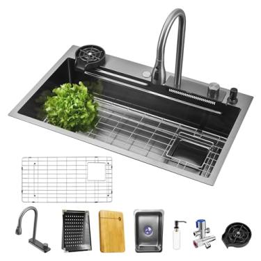 Imagem de NOYHHAV Waterfall Kitchen 86 cm pias preto-cinza aço inoxidável torneira puxar para pia de cozinha bancada com protetores grade etc acessórios (preto-cinza, 86" x 20" x 8")