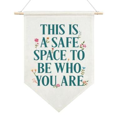 Imagem de AGMDESIGN This Is A Safe Space To Be Who You Are Banner de bandeira pendurada em tela, decoração de sala de aula inclusiva, terapia de saúde mental, escritório, casa, escola, conselheiro, decoração de