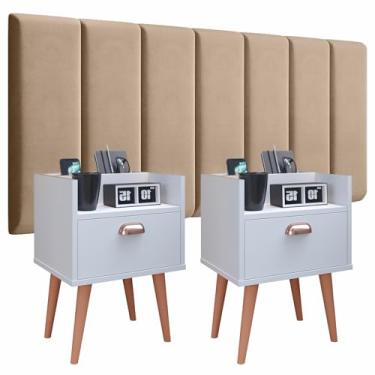 Imagem de Conjunto Cabeceira Cama Casal 1,40 Modulado Com kit 2 Criado Quarto Milena (Branco - Bege)