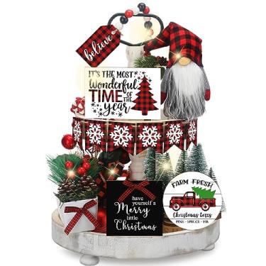 Imagem de 16 peças bandeja de Natal em camadas decoração Natal floco de neve búfalo xadrez gnomo bandeja de pelúcia decoração de casa de fazenda de Natal sinais de mesa de madeira rústica com luzes de corda para decorações de centro de mesa de natal