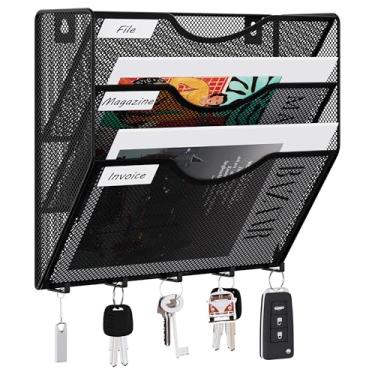 Imagem de EasyPAG Organizador de arquivos de parede de malha de 3 bolsos com ganchos para chave, suporte de pasta de papel para pendurar com etiqueta de classificação, organizador vertical de parede para