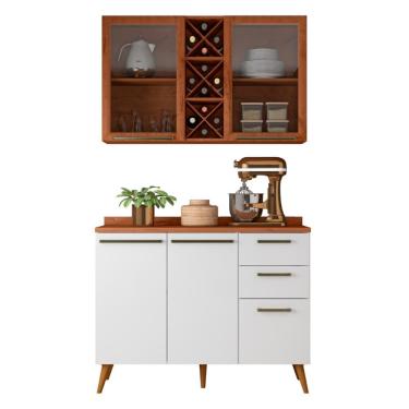 Imagem de Armário De Cozinha Compacta 4 Portas 3 Gavetas Vidro Reflecta Com Adega 1,20m Favorita Branco/nature Nature