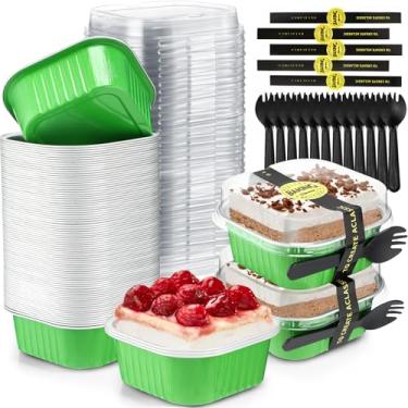 Imagem de Sliner 100 miniformas de bolo de 293 ml com tampas, folha de alumínio, descartáveis, mini copos de bolo com adesivo de garfo, formas quadradas de cupcake para cozinha, festa, casamento, aniversário