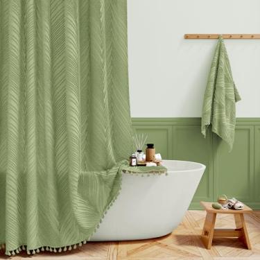 Imagem de BTTN Cortina de chuveiro 182 x 84 – Conjunto de cortina de chuveiro com borlas listradas texturizadas, folhas boho, extra longas, com 12 ganchos de plástico, repelente de água, cortinas de chuveiro