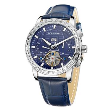 Imagem de FORSINING Novos relógios masculinos com cristal de diamante, moderno, vestido de luxo, aço inoxidável, à prova d'água, relógio mecânico com data, mês, semana, luminoso, 3 - Azul, Negócios