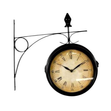 Imagem de Fenteer Relógio de parede duplo lado silencioso, redondo, com moldura de ferro e metal, decoração de parede, relógio pendurado para canto, pátio, decoração de