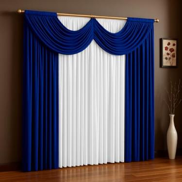 Imagem de Cortina Paris Com Bandô Para Sala, Quarto 3,00 m x 2,70 m Malha Gel (Royal com Branco)