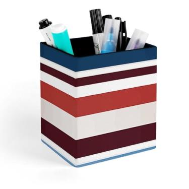 Imagem de Porta-lápis de couro para homens e mulheres, vermelho, azul, branco, cinza, listras, porta-lápis, organizador de pincéis de maquiagem, copo quadrado para mesa de escritório em casa