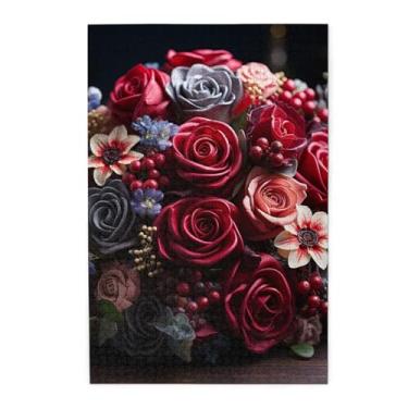 Imagem de Quebra-cabeças de flores de feliz dia dos namorados, 1000 peças, quebra-cabeça personalizado com foto de madeira para adultos, presente de imagem de família, presentes para casamento, aniversário, dia