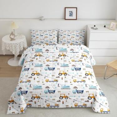 Imagem de Feelyou Conjunto de cama casal de construção, caminhões, edredom para crianças, adolescentes, desenho animado, carro, escavadeira, trator, azul, laranja, branco, decoração de quarto, 3 peças com 2