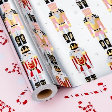 Imagem de MAYPLUSS Rolo de papel de embrulho de quebra-nozes rosa, papel de embrulho de Natal reversível, folha metálica elegante vintage quebra-nozes embrulho para presente com bengala doce para embalagem de