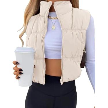 Imagem de Colete Puffer Feminino Cropped Zip Up Inverno Gola Alta Leve Sem Mangas Acolchoado Colete Gilet Com Bolso, White, S
