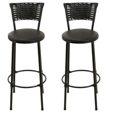 Imagem de Jogo de 2 Banquetas Alta De Fibra Sintética PRETO Casa Bar Balcão Junco Vime(PRETO)