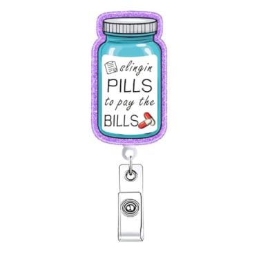 Imagem de Slingin Pills to Pay The Pills Carretel de crachá retrátil engraçado farmácia técnica médica suporte de crachá de enfermagem roxo RN CNA LPN clipe de crachá médico crachá de identificação cartão de