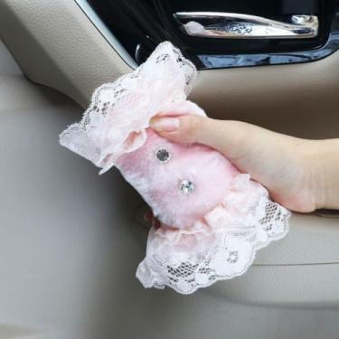 Imagem de MINGZAIQIPEI Conjunto fofo de 2 peças com diamantes de renda de pelúcia capa de alça de carro, luvas de aderência de carro, capa de puxador de porta interna, protetor de alça acessórios interiores