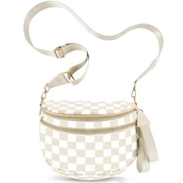 Imagem de NEWROGENG Bolsas transversais quadriculadas para mulheres, bolsas grandes de nylon plus size, pochete com alça de cinto para mulheres e viagens, Xadrez bege