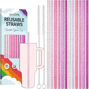 Imagem de NiHome Pacote com 12 canudos de substituição de glitter para copo Stanley de 1,134 g, canudos reutilizáveis de 30,5 cm de cores sortidas, adequados para copos Stanley com 2 escovas, sem BPA, com