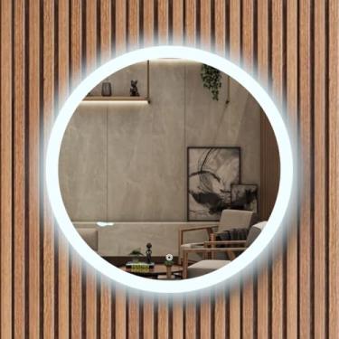 Imagem de Espelho Redondo Borda infinita 3 Tons de LED Grande de parede moderno jateado lapidado decorativo iluminação Botão Sensor touch screen - 3 cores de Luz LED QUENTE, NEUTRO E FRIO (60x60cm)