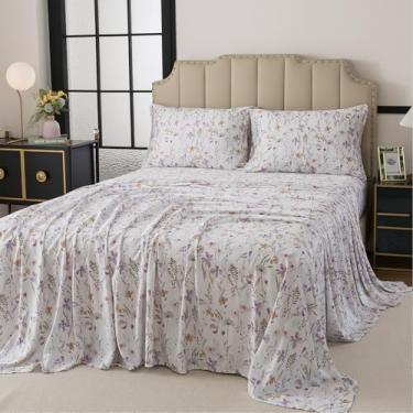 Imagem de FADFAY Jogo de lençol solteiro 100% algodão, 4 peças de roupa de cama com estampa floral lavanda e laranja, lençol com elástico alto, macio e respirável para quem dorme quente, todas as estações