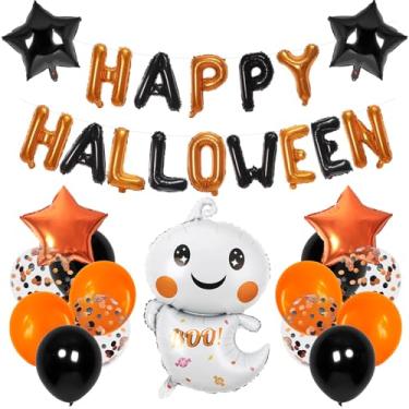 Imagem de Banner de balões de feliz dia das bruxas, balões fantasmas laranja e preto para festa temática de baile de máscaras, festa temática de terror